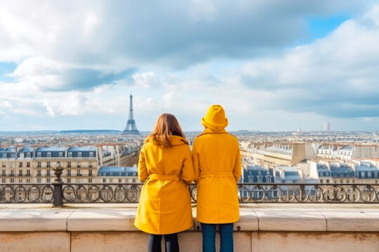 Paris travel destination. Tourist couple on sunny day looking at beautiful cityscape. Generative AI.