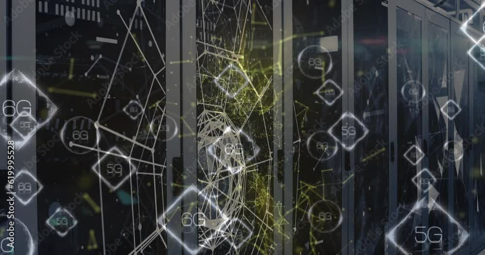 Poster animation of data processing and 6g text over computer servers