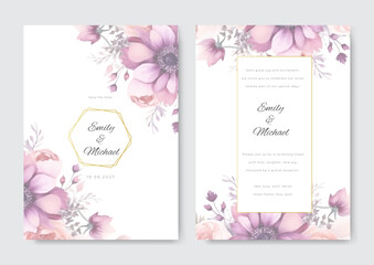 Wedding card template with floral feather pink purple concept watercolor style