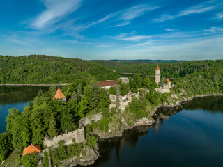 Fototapeta na wymiar Aerial view of early Gothic Zvikov castle on difficult-to-access and steep promontory above the confluence of the Vltava and Otava rivers in Bohemia