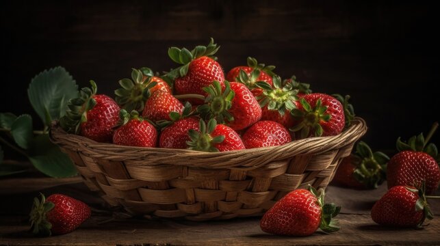 Closeup Fresh Red Strawberries in a bamboo basket with blur background