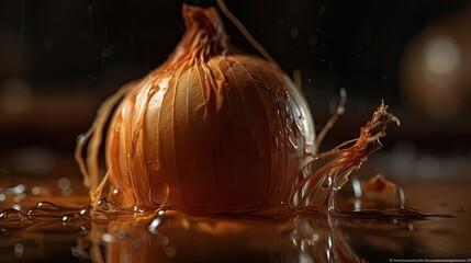 Onion hit by splashes of water with black blur background