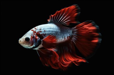Fototapeta premium Beautiful colors Halfmoon Betta capture the moving moment, beautiful of siam betta fish on black background
