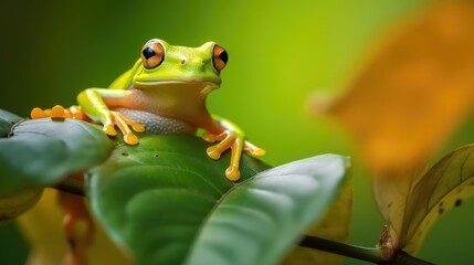 Beautiful tree frog on green leaves, flying frog on green leaves