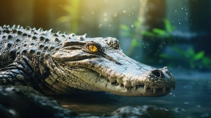 Head of a large crocodile close-up in the riverside