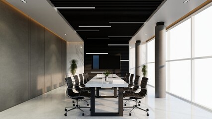 Modern conference interior and screens on the wall. The concept of workplace and enterprise. 3d Rendering illustration