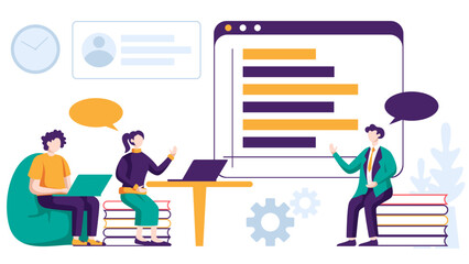 Business flat design related to meeting, presentation, brainstorming, discussion, and marketing strategy illustration concept with geometric elements on white background.