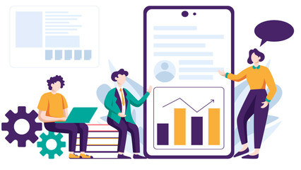 Business flat design related to meeting, presentation, brainstorming, discussion, and marketing strategy illustration concept with geometric elements on white background.