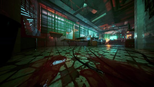 unoccupied Asian bar with vibrant neon lighting