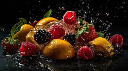 Fototapeta na wymiar Closeup of fruits hit by splashes of water with black blur background