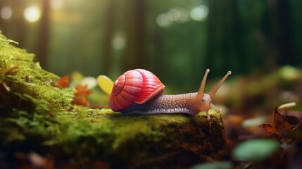 A slow grape snail crawls up the bark of a tree overgrown with moss, with text space can use for advertising, ads, branding
