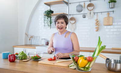 Portrait of asian chef senior woman cook vegetable salad in kitchen home. Mature female l work at home lifestyle. Healthy food eco friendly homemade meal, happy do it yourself asian housewife concept