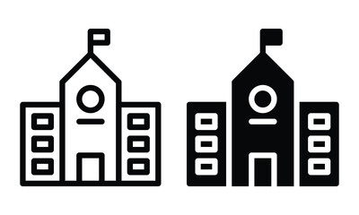 School building icon with outline and glyph style.