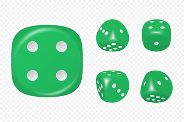 Vector 3d Realistic Green Game Dice with White Dots Set in Different Positions Isolated. Gambling Games Design, Casino, Poker, Tabletop, Board Games. Realistic Cubes with Random Numbers, Rounded Edges