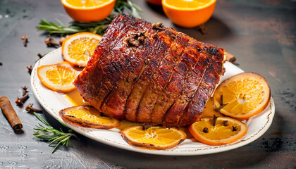 Roast pork with orange glaze, decorated with cloves.