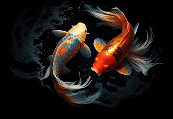 Beauty koi fish swimming on black background circular yin and yang - obrazy, fototapety, plakaty