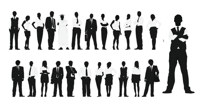  Set of business people silhouette, man and woman team, isolated on white background