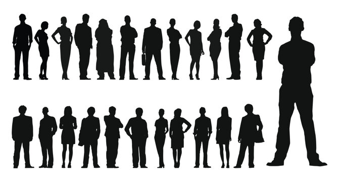  Set of business people silhouette, man and woman team, isolated on white background