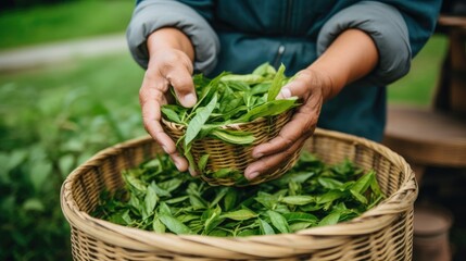picking tip of green tea leaf with a bamboo basket by human hand on tea plantation hill during early morning. closeup of woman's hands keep tea leaf