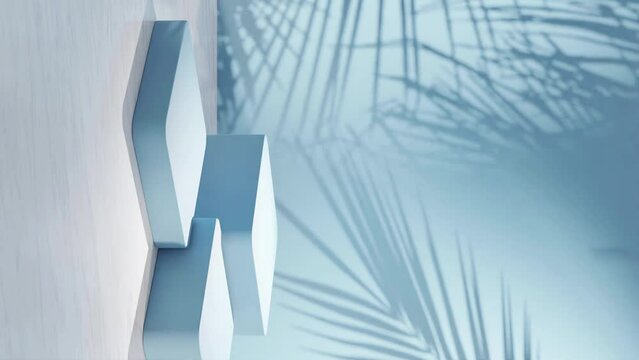3D Animation with podium and abstract floral fern plant background for multiple products. blue color, graphic product display, animated product shot packshot studio setting, blue colorway, pastel blue