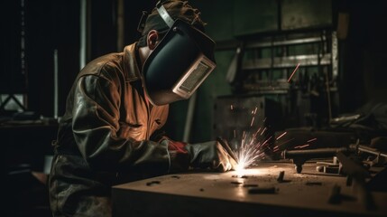 A welder welds metal into his workshop. Gas combustion and blue smoke. Small welding workshop. Welding juncture of metal construction