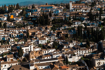 Panoramic landscape of the Albaicin neighborhood seen from the Alhambra. Granada, Spain.