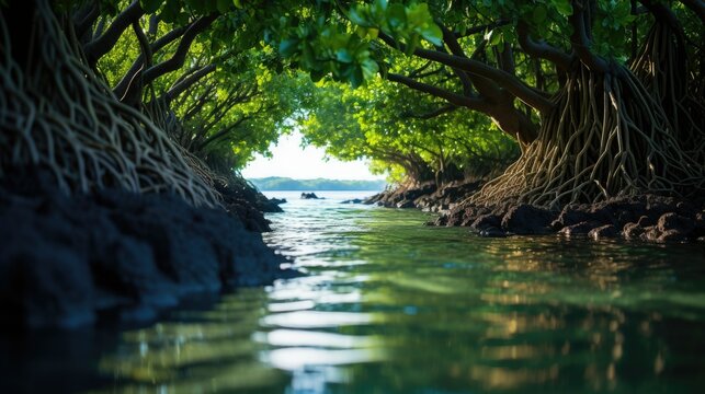 Green mangrove forest on the beach of Abrasion