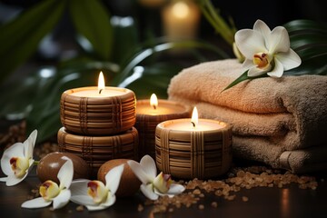Obraz na płótnie Canvas Brown towels with bamboo sticks and candles for spa massages and body treatments. Decorated with candles, spa stones, and salt on a wooden floor. The spa and wellness center is ready for beauty.