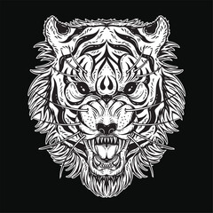 Dark Art Tiger Head Scary Angry Beast mascot black and white Hand Drawn illustration