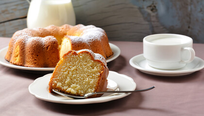 Slice of yogurt bundt cake served with a cup of coffee with milk