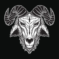 Dark Art Goat Head horns Sheep satanic black white for tattoo and clothing illustration