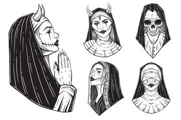 Set Bundle Prayer Girl Nun Tattoo Horror Women Skull Horn Head Horror Hatching Outline Hand Drawn Style illustration