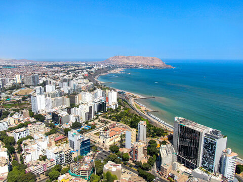 Lima aerial panorama with larcomar and morro solar skyline