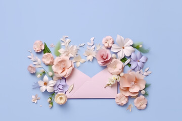 Flat lay with envelope and flowers on pastel blue background with copy space.