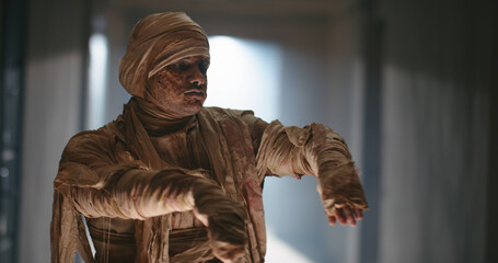 Frightening undead Egyptian mummy in bandages moving in corridor of old cursed house. Guy in...