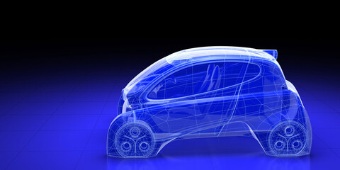 micro EV car 3D modeling, rendered in hologram style