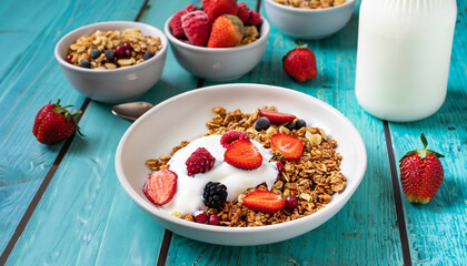 Healthy breakfast in a bowl with homemade baked granola, frozen berries, fresh strawberries, a bottle of milk and yogurt on a turquoise wooden table