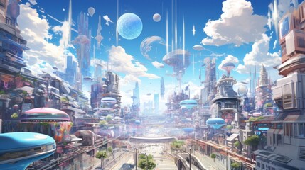 Sky filled with flying cars, drones, and holographic billboards, depicting a bustling and congested future cityscape