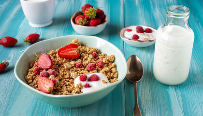 Healthy breakfast in a bowl with homemade baked granola, frozen berries, fresh strawberries, a bottle of milk and yogurt on a turquoise wooden table