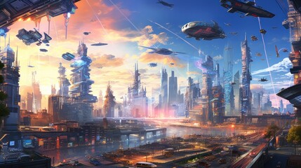 Sky filled with flying cars, drones, and holographic billboards, depicting a bustling and congested future cityscape