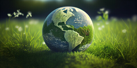 Obraz na płótnie Canvas Earth globe lies on green grass. Generative AI