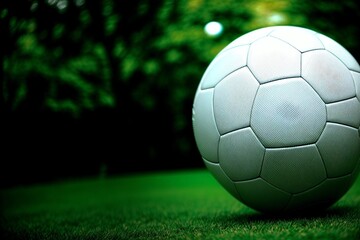 Fototapeta premium Dynamic Close up of Realistic Soccer Ball by David Bailey. AI Generated.