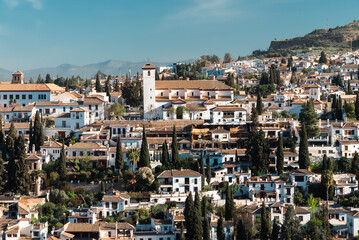 Fototapeta na wymiar Panoramic landscape of the Albaicin neighborhood seen from the Alhambra. Granada, Spain.