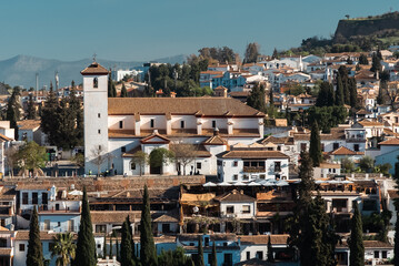 Fototapeta na wymiar Panoramic landscape of the Albaicin neighborhood seen from the Alhambra. Granada, Spain.