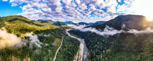 jungle panorama aerial view: selva central of peru close to la merced - obrazy, fototapety, plakaty