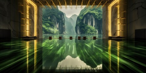 Interior with golden neon lighting for relaxation and meditation with a green mirrored floor and a view of the mountains of China. AI generation 