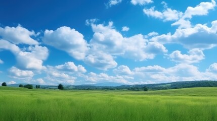 Fototapeta na wymiar Green field with blue sky and white clouds. Panoramic view, Generative AI