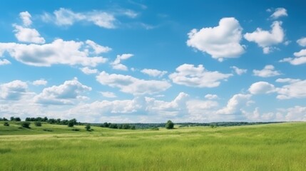 Green field with blue sky and white clouds. Panoramic view, Generative AI