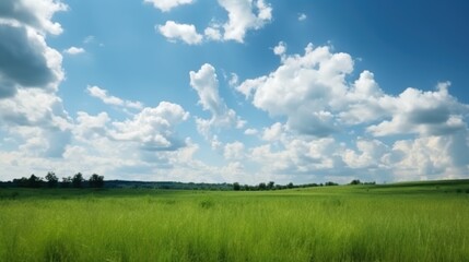 Fototapeta na wymiar Green field with blue sky and white clouds. Panoramic view, Generative AI