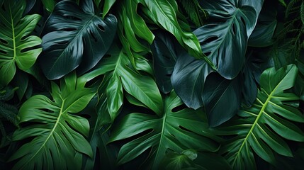 Tropical green leaves background, top view, flat lay, Generative AI